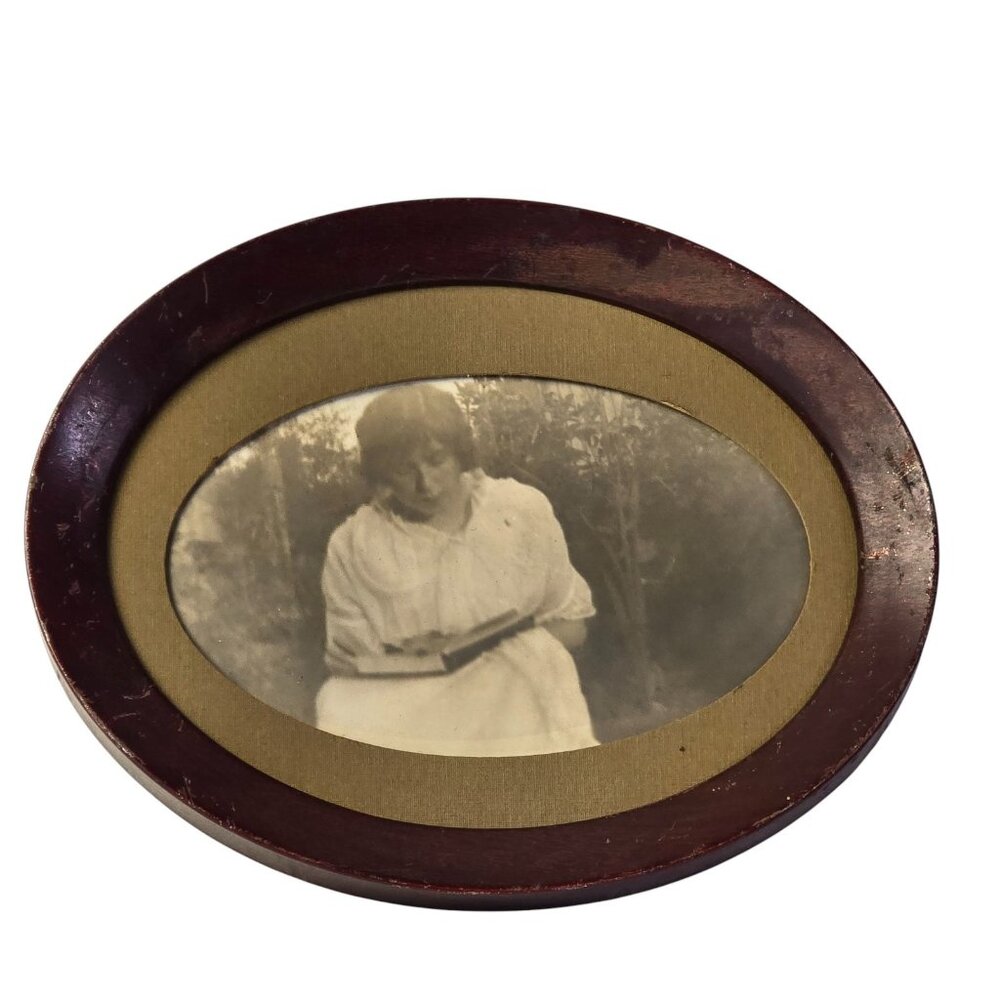 Vintage Sepia Photo Woman Reading Book Outdoors Oval Portrait Early 20th Century